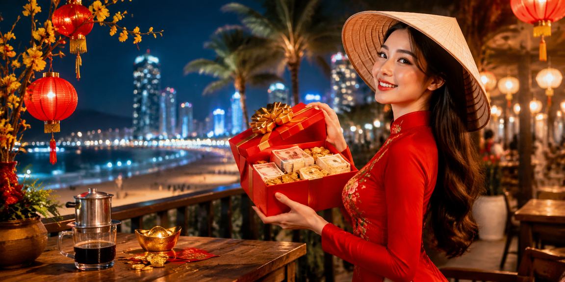 Người chơi tại Nha Trang đặt cược trực tuyến bên bờ biển với hình ảnh nón lá đặc trưng Việt Nam